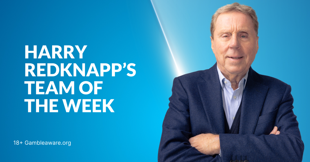 English former football manager and player Harry Redknapp himself in a blue suit with arms crossed, standing against a blue background. To the left, bold white text reads "HARRY REDKNAPP'S TEAM OF THE WEEK." In the bottom left corner, smaller text states "18+ GAMBLEAWARE.ORG.
