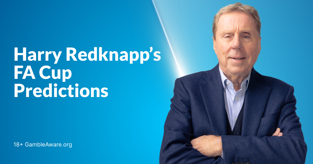 English former football manager and player Harry Redknapp himself in a dark suit with arms crossed stands in front of a blurred football stadium background. White text on the left reads "Harry Redknapp FA Cup Predictions," and smaller text at the bottom left says "Gambleaware.org" with an FA Cup logo.