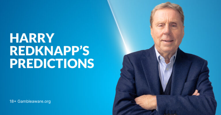 English former football manager and player Harry Redknapp himself in a dark suit with arms crossed stands in front of a blurred football stadium background. White text on the left reads "Harry Redknapp's Predictions," and smaller text at the bottom left says "Gambleaware.org".